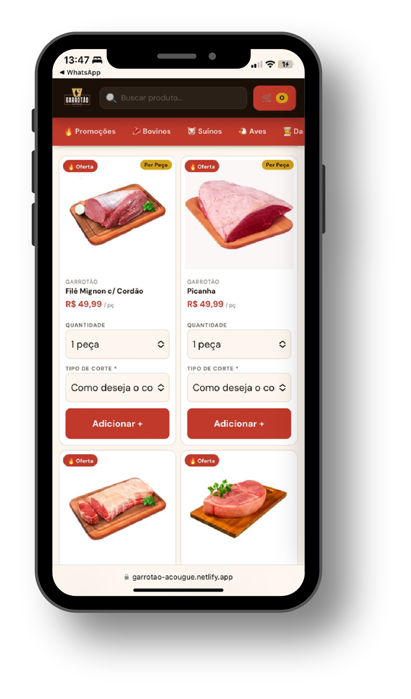 Prévia do site e catálogo do Açougue Garrotão no celular