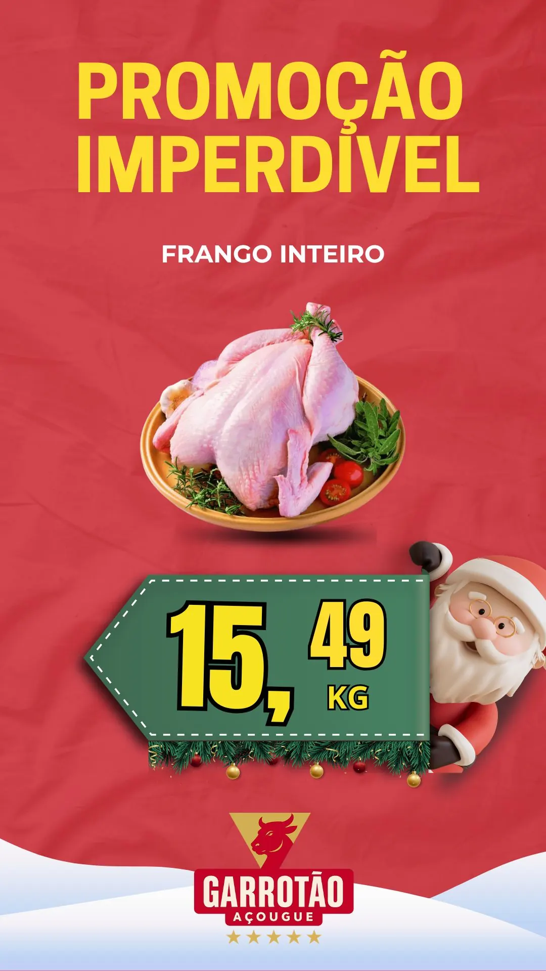 Arte promocional de frango inteiro do Açougue Garrotão