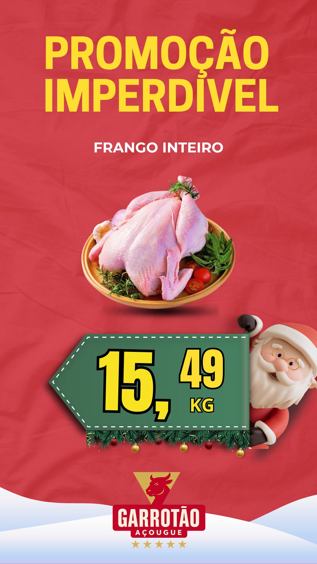 Arte promocional de frango inteiro do Açougue Garrotão